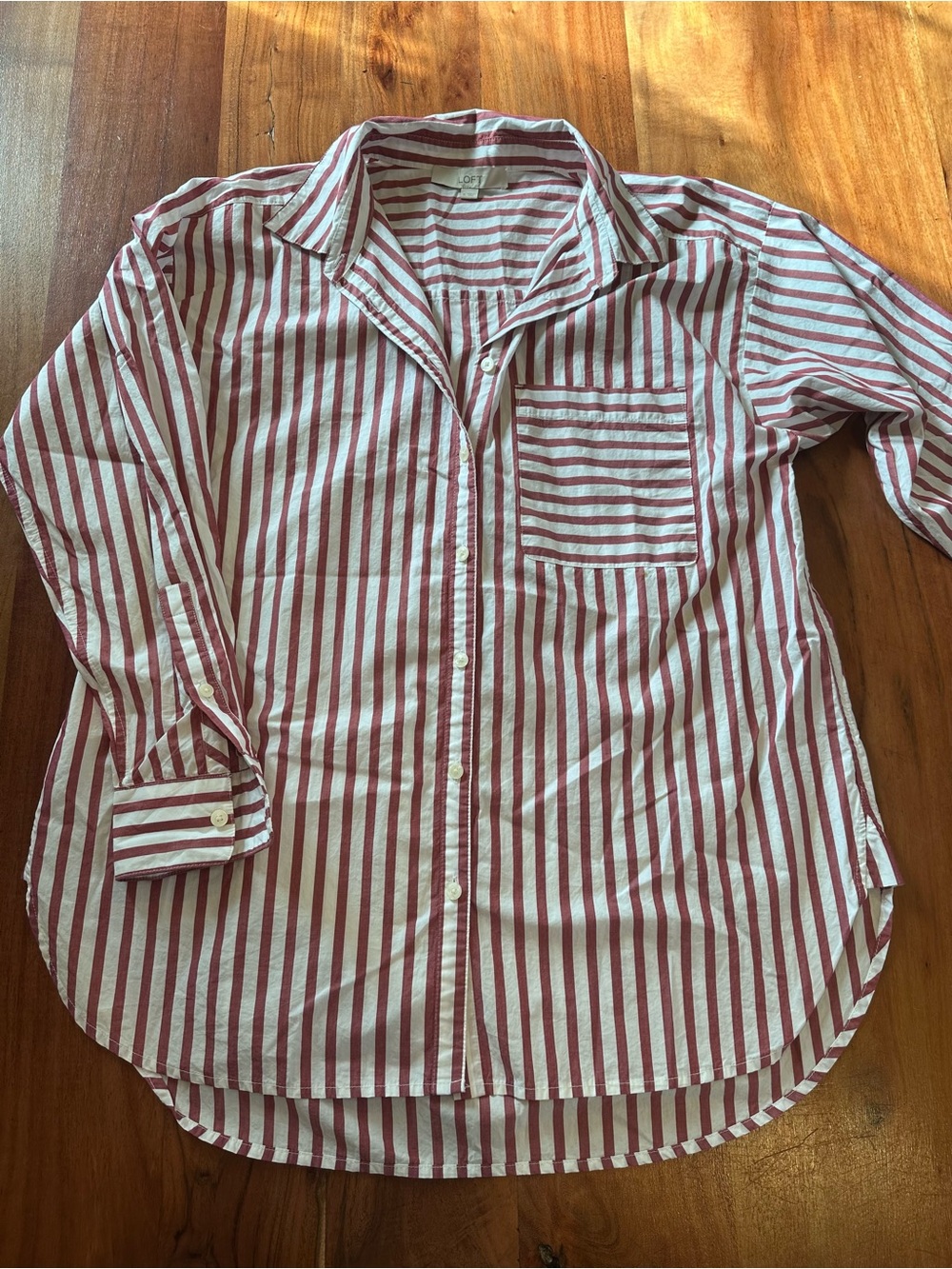 LOFT 100% Cotton Red and White Striped Button-Down Shirt